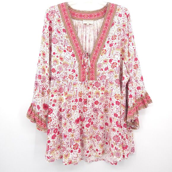 Cynthia Rowley floral peaseant Boho tunic top Size 2X A-line flare sleeve - Picture 1 of 9